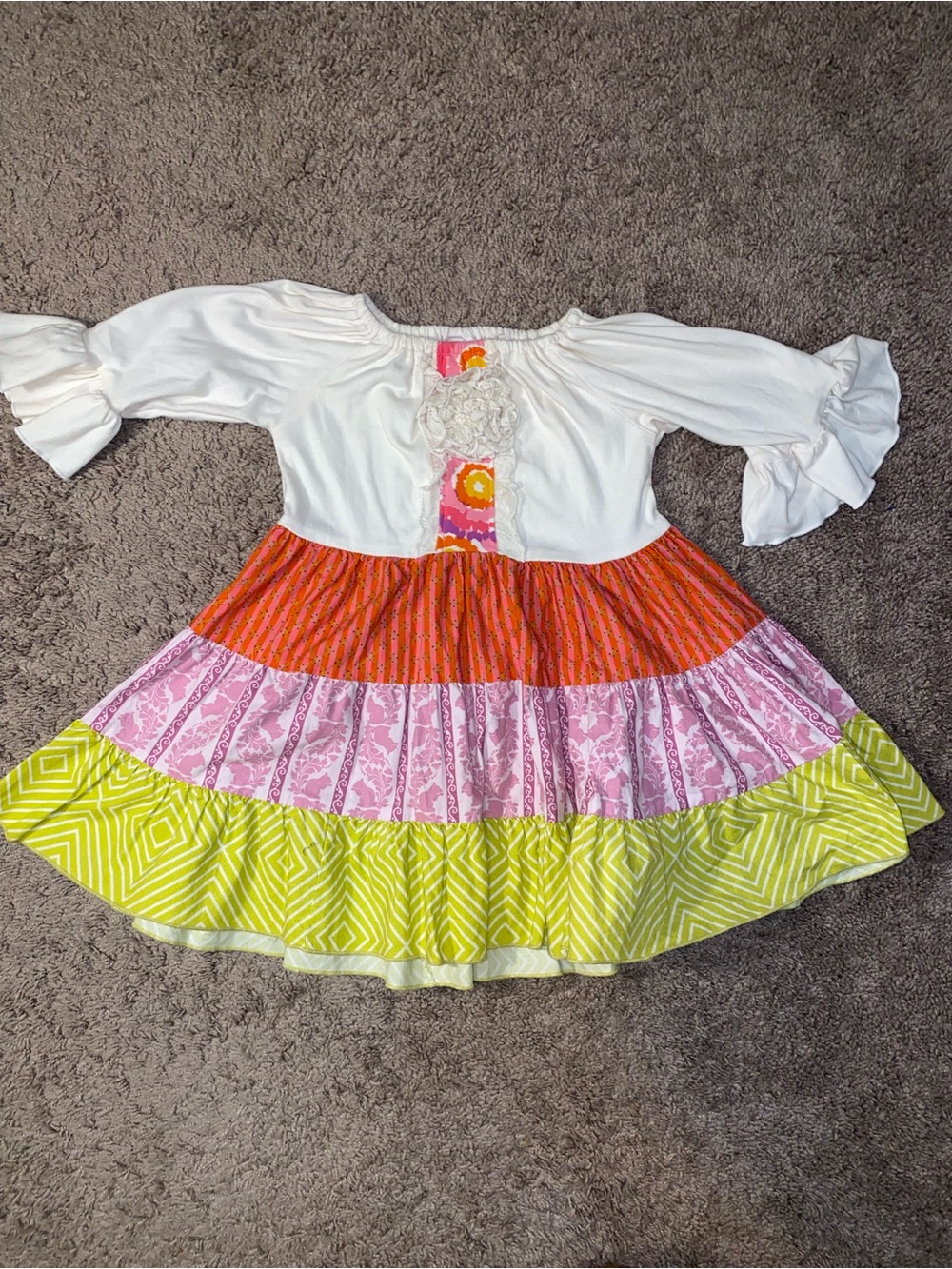 La Jonns Girls Size 4 Fringe Mexican Boho Top White Summer Colorful Flowy Dress